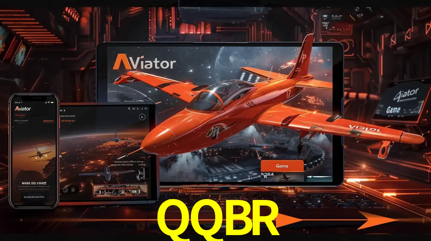 Apresentação tecnológica do jogo Aviator com um avião saindo da tela de um tablet, demonstrando a experiência imersiva em múltiplos dispositivos no QQBR.