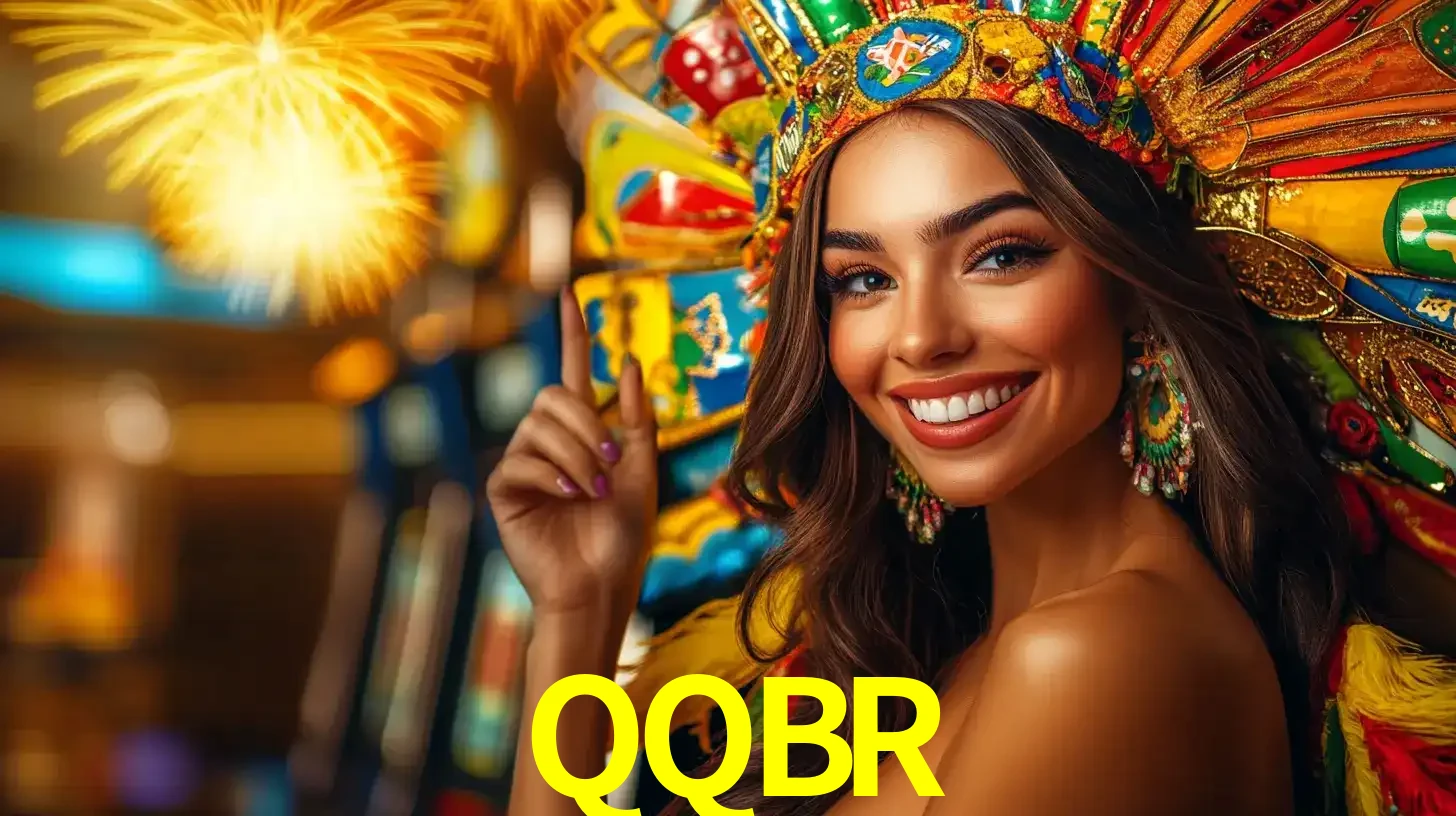 Mulher sorridente com um cocar de carnaval vibrante e colorido, celebrando uma grande vitória nos jogos do cassino QQBR com fogos de artifício ao fundo.