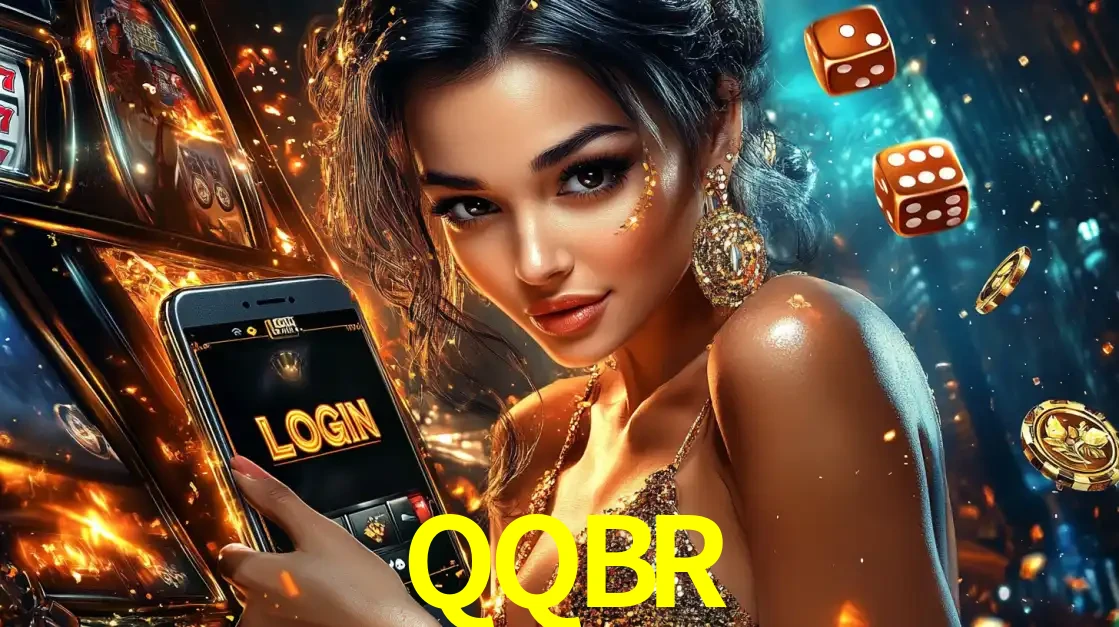 Mulher glamourosa segurando um celular com a tela de login do cassino QQBR, rodeada por dados e moedas douradas, pronta para começar a diversão.