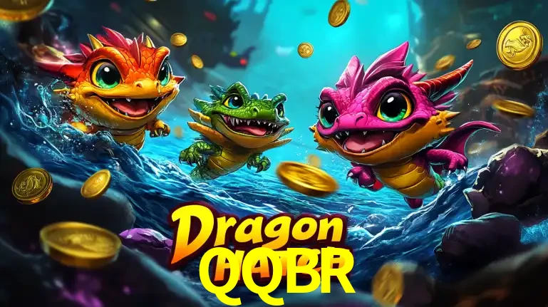 Arte promocional do jogo Dragon Hatch com três adoráveis dragões bebês nadando entre moedas de ouro, um dos slots mais divertidos para jogar no cassino QQBR.