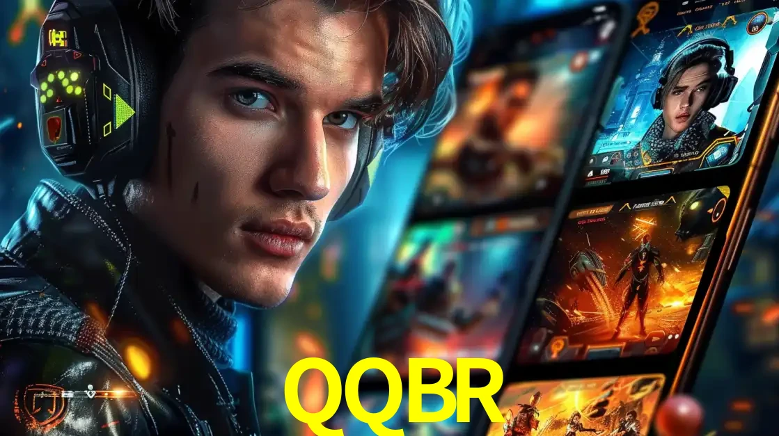 Jovem jogador com fones de ouvido olhando para a câmera, com um aplicativo de jogos e e-sports para celular ao fundo, pronto para a competição e apostas no QQBR.