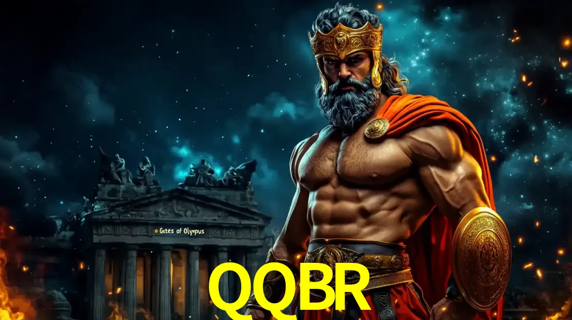 O poderoso Zeus do jogo de slot Gates of Olympus em frente ao seu templo, pronto para lançar multiplicadores divinos e prêmios épicos no cassino online QQBR.