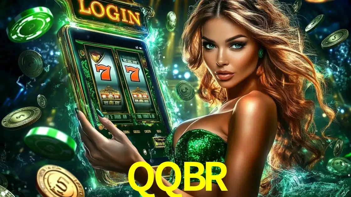 Mulher com tema verde apresentando o aplicativo do cassino QQBR com um jogo de slot de 777, cercada por fichas de cassino e uma aura de sorte.