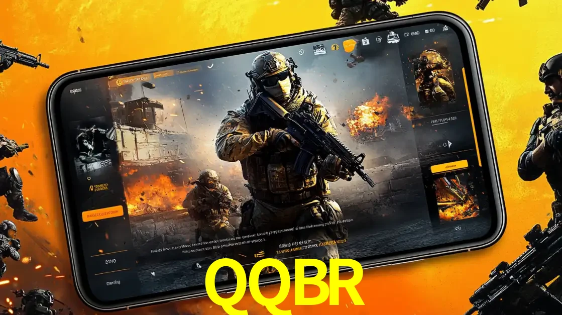 Um smartphone exibindo a interface de um jogo de tiro em primeira pessoa, com um soldado em um cenário de batalha, representando a ação dos e-sports para apostar no QQBR.