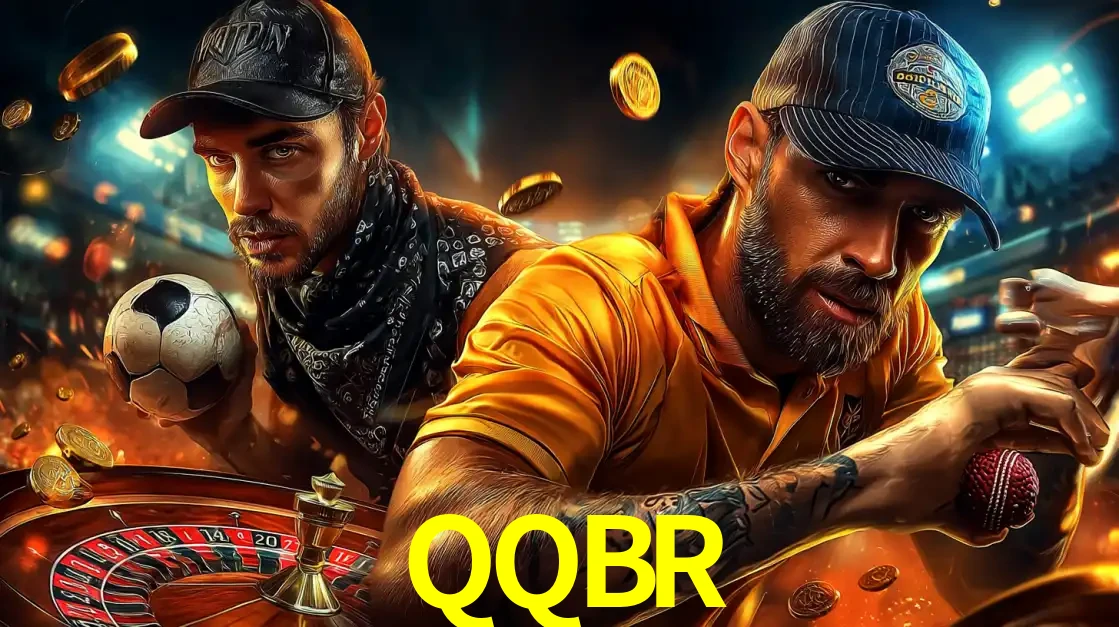 Montagem de apostas esportivas e cassino no QQBR, com um homem segurando uma bola de futebol e outro uma de beisebol sobre uma roleta e moedas voadoras.