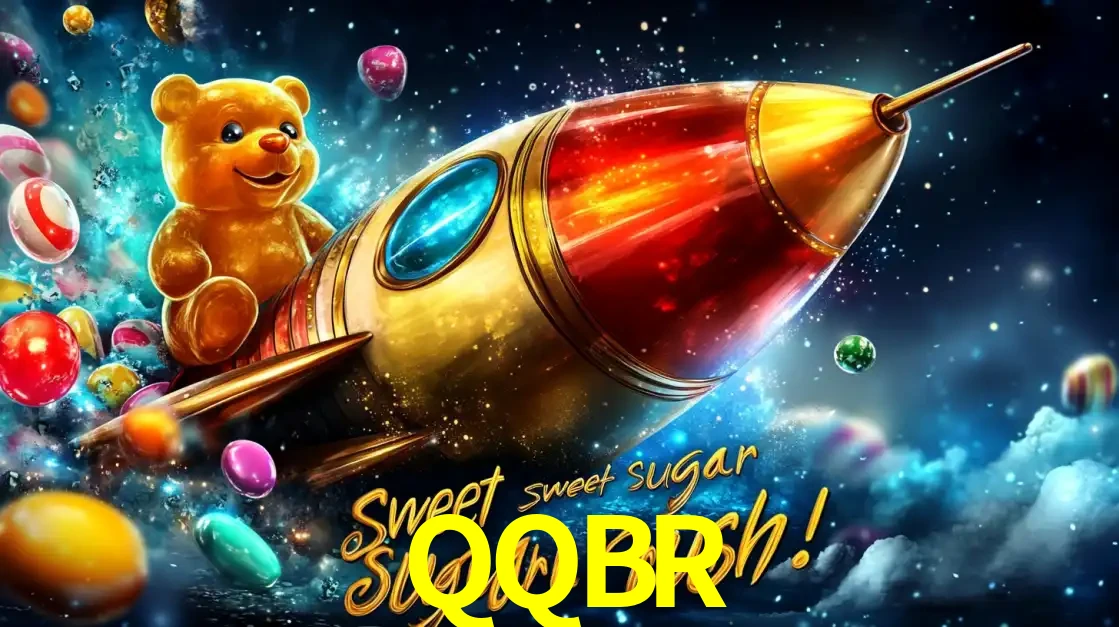 Arte promocional do jogo de slot Sugar Rush, com um urso de pelúcia em um foguete viajando pelo espaço de doces, um dos jogos divertidos disponíveis no cassino QQBR.