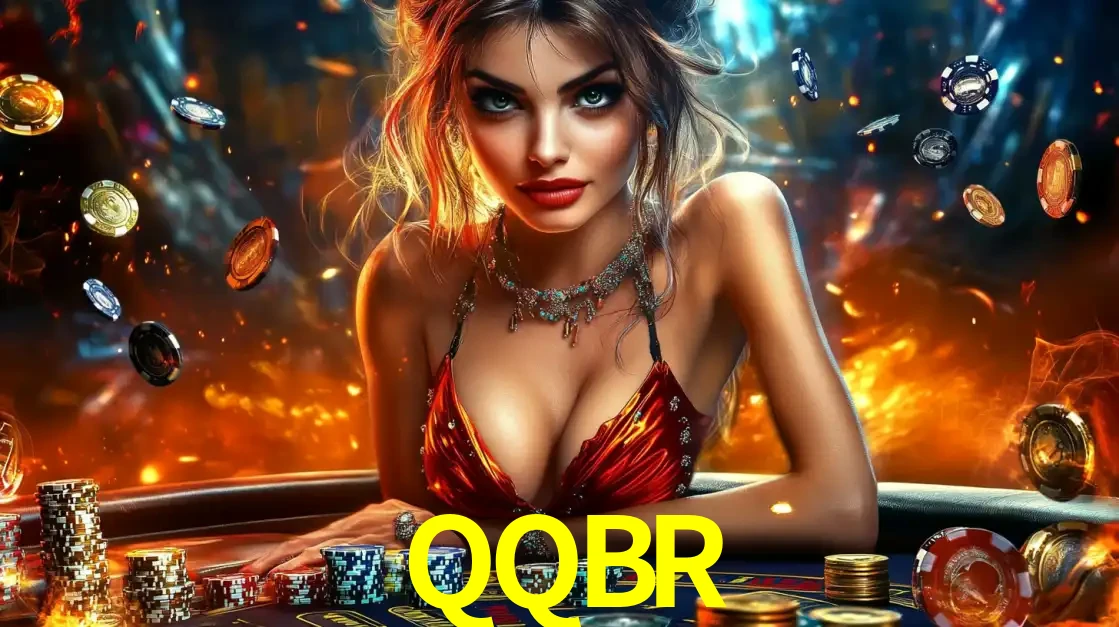 Mulher em uma mesa de cassino com pilhas de fichas e um fundo de fogo, pronta para uma rodada de altas apostas nos jogos de mesa emocionantes do cassino QQBR.