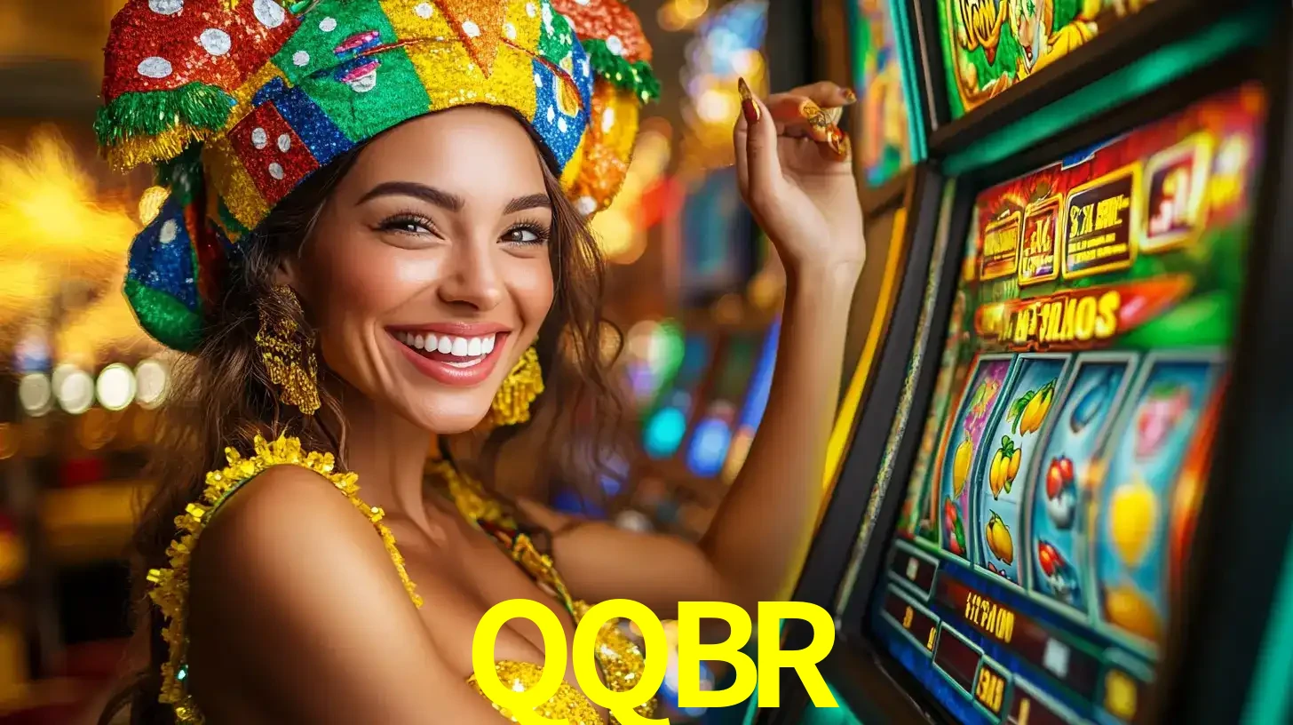 Mulher feliz com traje de carnaval amarelo e colorido ao lado de uma máquina de caça-níqueis, aproveitando a diversão e os jogos temáticos do cassino QQBR.