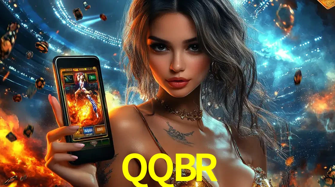 Mulher segurando um celular com um jogo de slot em destaque, tendo como fundo um estádio vibrante, simbolizando a emoção de jogar no cassino móvel QQBR.